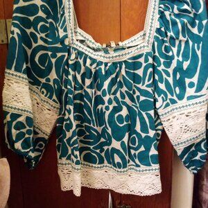 RACHEL & ZOE TURQUOISE AND WHITE PEASANT TOP